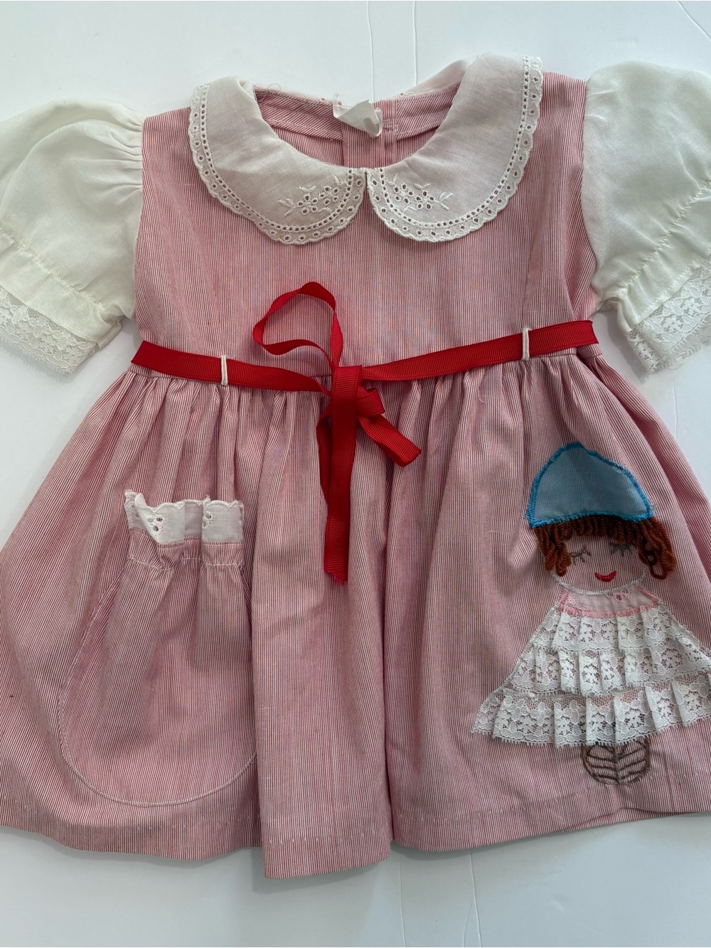 Vintage Girls Dress Pinafore Lace Toddler SZ 12-18 M Red White Embroidered